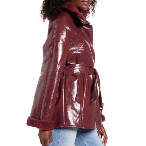 NEW J.O.A. x REVOLVE Red Patent Leather Belted Fleece Lined Jacket, Size XS - Picture 2 of 8